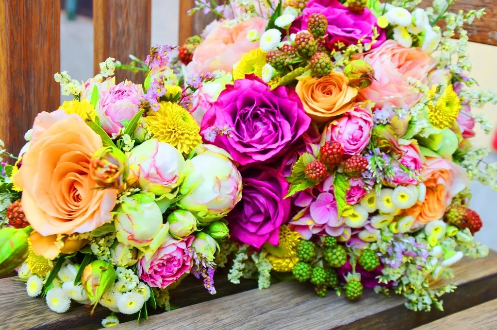 Bright garden bouquet of roses and ranunculus on a wooden table